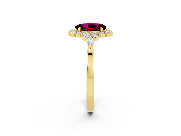 Yellow gold Oval Cut Garnet Halo Ring with Pear Side Stones and Prong Setting