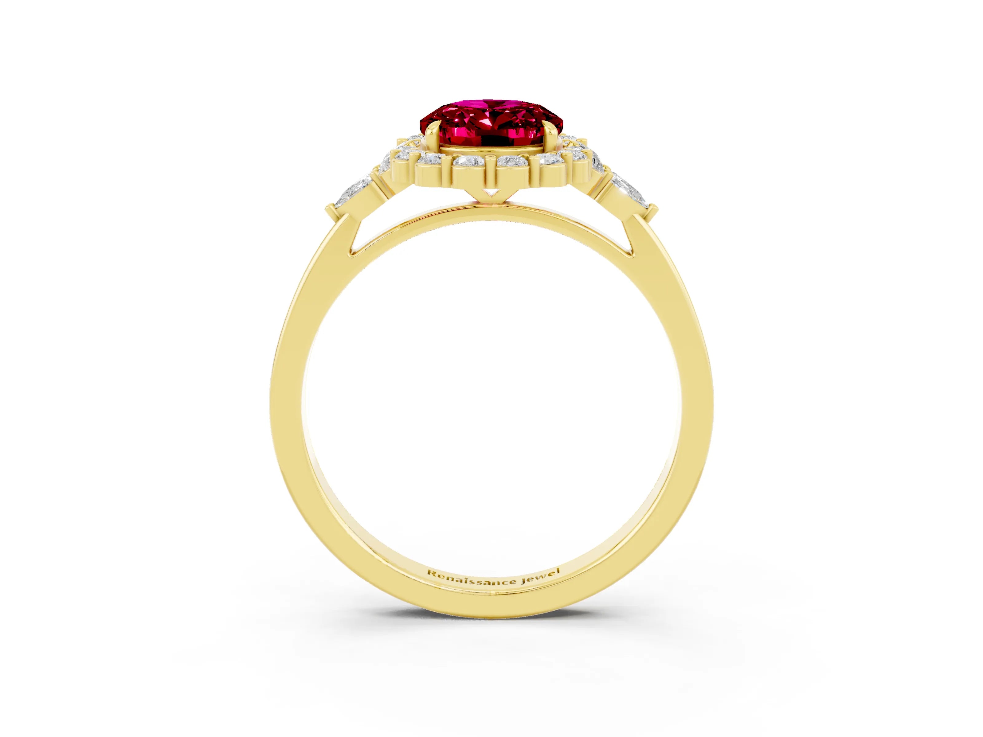 Yellow gold Oval Cut Garnet Halo Ring with Pear Side Stones and Prong Setting_15
