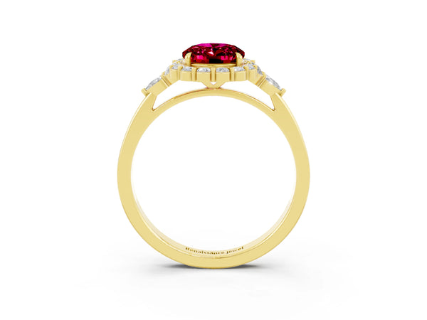 Yellow gold Oval Cut Garnet Halo Ring with Pear Side Stones and Prong Setting
