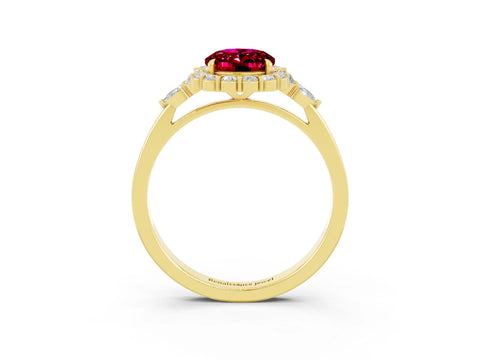 Yellow gold Oval Cut Garnet Halo Ring with Pear Side Stones and Prong Setting_15