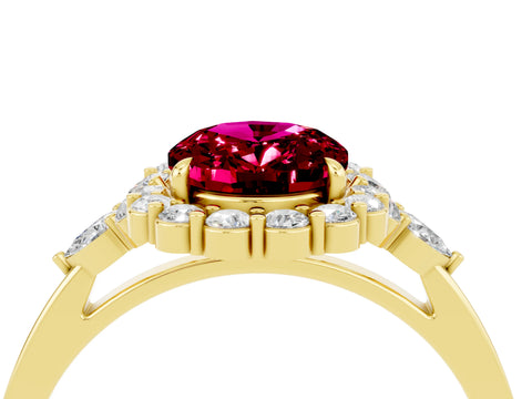 Yellow gold Oval Cut Garnet Halo Ring with Pear Side Stones and Prong Setting_16