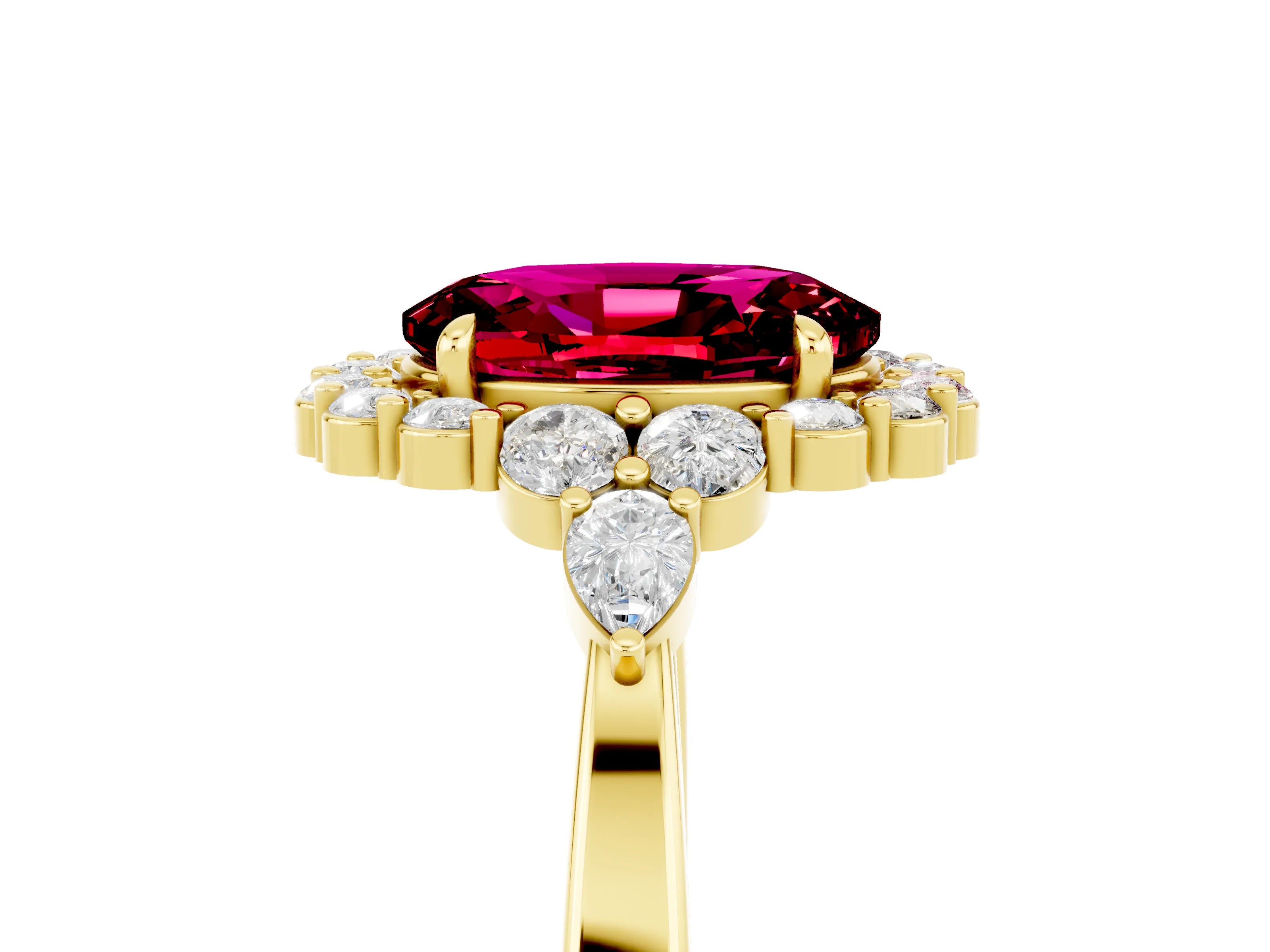 Yellow gold Oval Cut Garnet Halo Ring with Pear Side Stones and Prong Setting_17