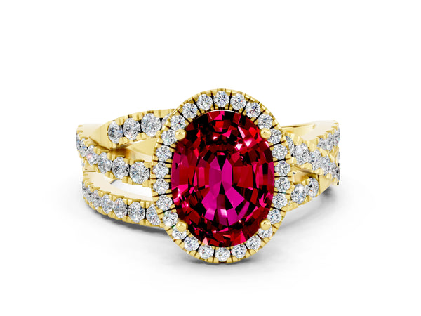 Yellow gold Oval Cut Garnet Halo Ring with Round Split Shank and Prong Setting