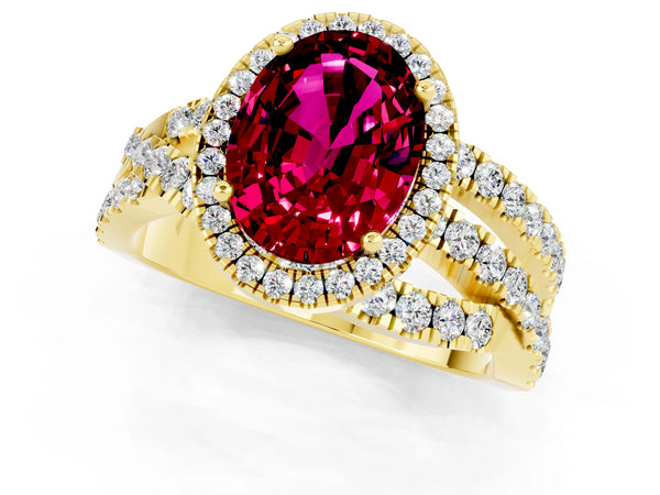 Yellow gold Oval Cut Garnet Halo Ring with Round Split Shank and Prong Setting