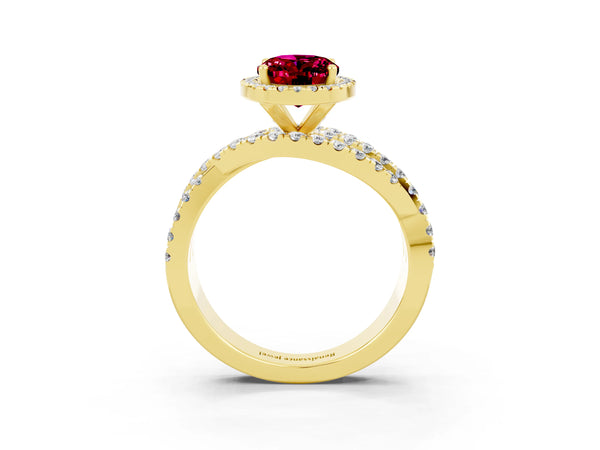 Yellow gold Oval Cut Garnet Halo Ring with Round Split Shank and Prong Setting