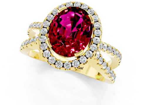 Yellow gold Oval Cut Garnet Halo Ring with Split Shank Pavé Band and Prong Setting_1