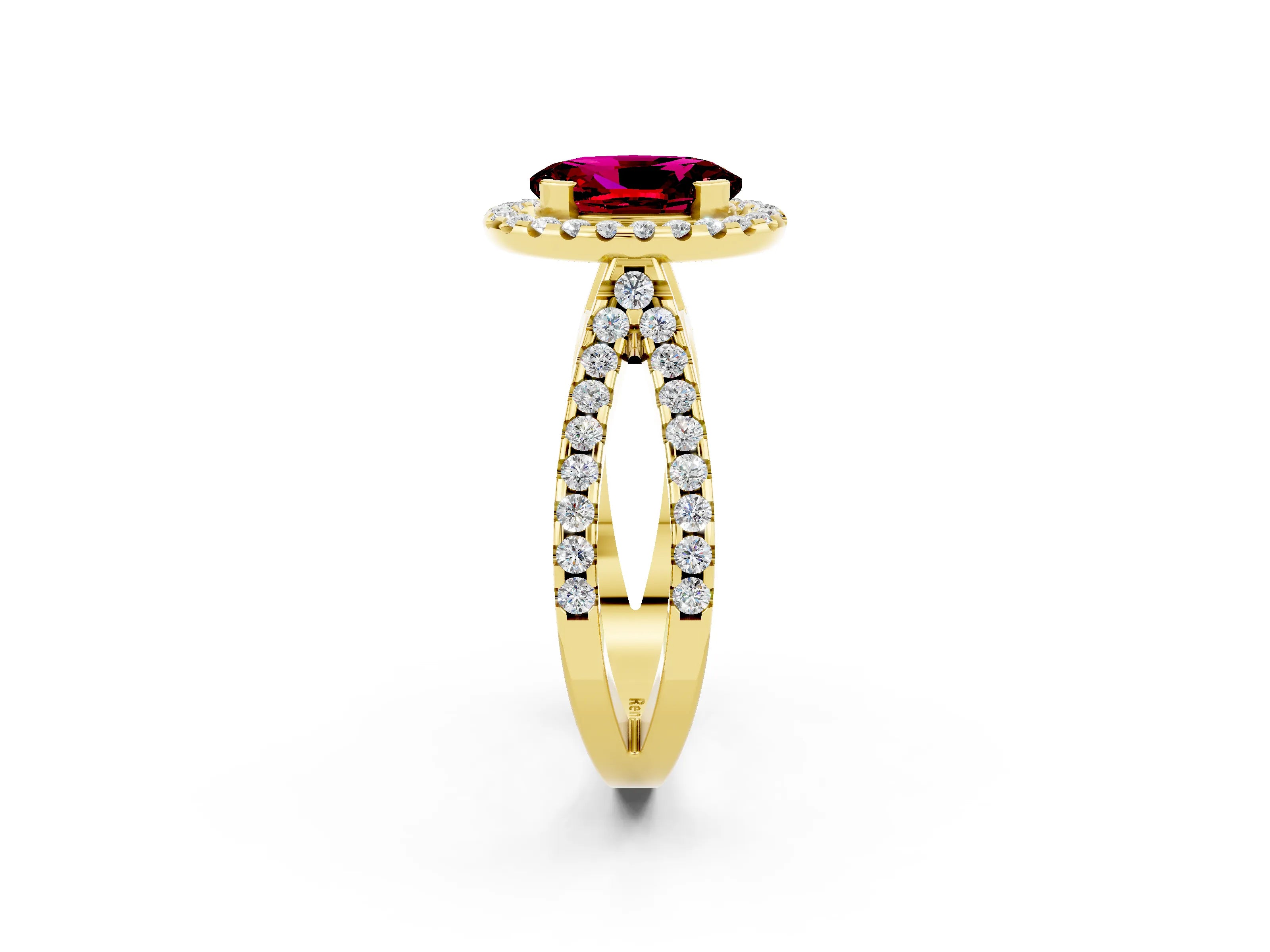 Yellow gold Oval Cut Garnet Halo Ring with Split Shank Pavé Band and Prong Setting_2