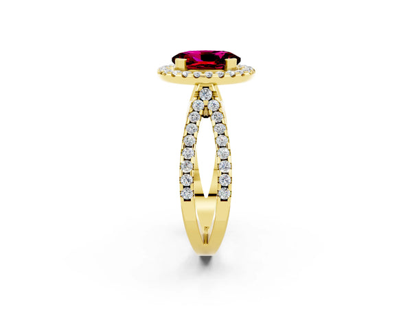 Yellow gold Oval Cut Garnet Halo Ring with Split Shank Pavé Band and Prong Setting