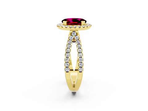 Yellow gold Oval Cut Garnet Halo Ring with Split Shank Pavé Band and Prong Setting_2