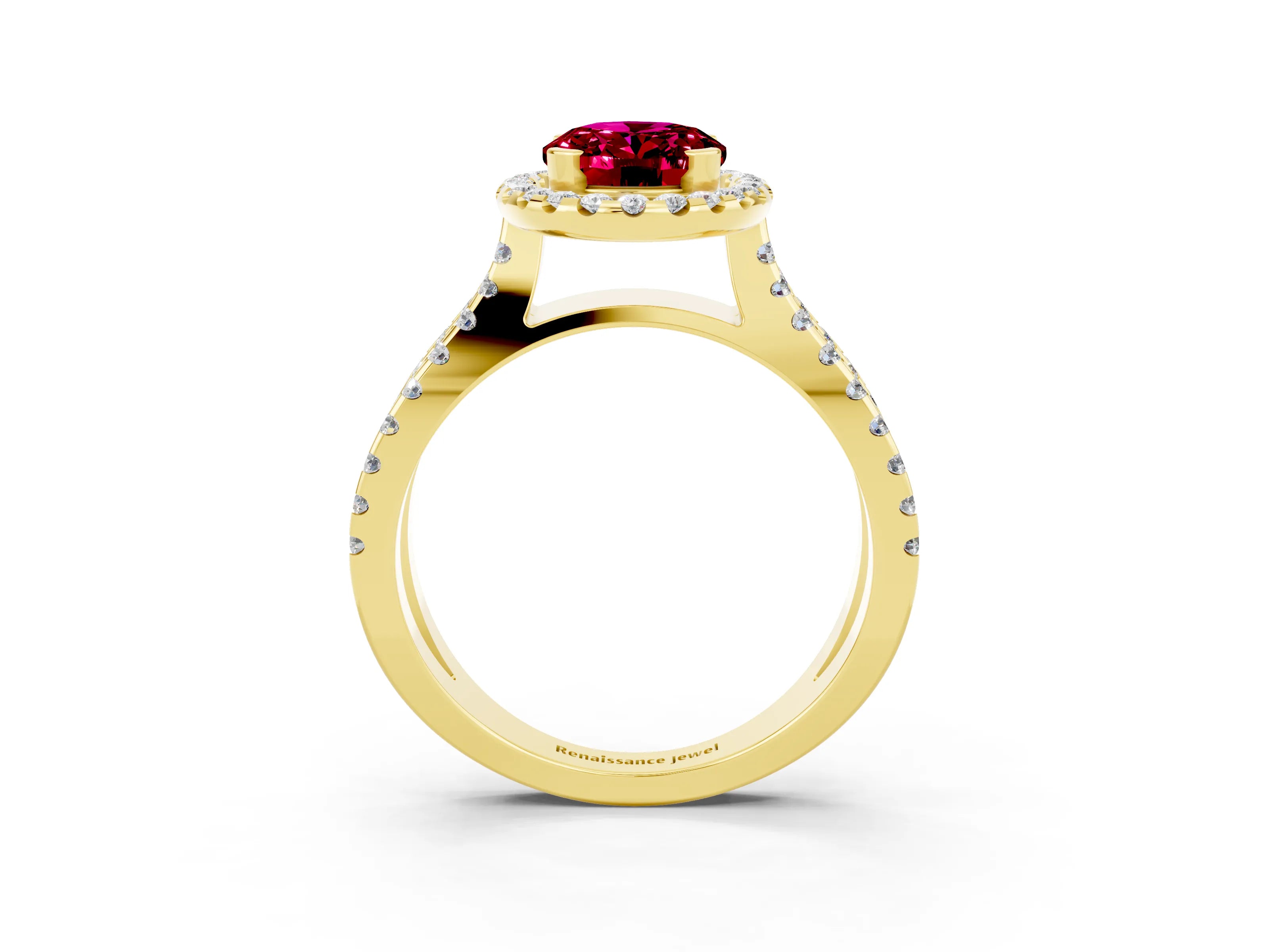 Yellow gold Oval Cut Garnet Halo Ring with Split Shank Pavé Band and Prong Setting_3