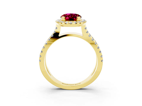 Yellow gold Oval Cut Garnet Halo Ring with Split Shank Pavé Band and Prong Setting_3
