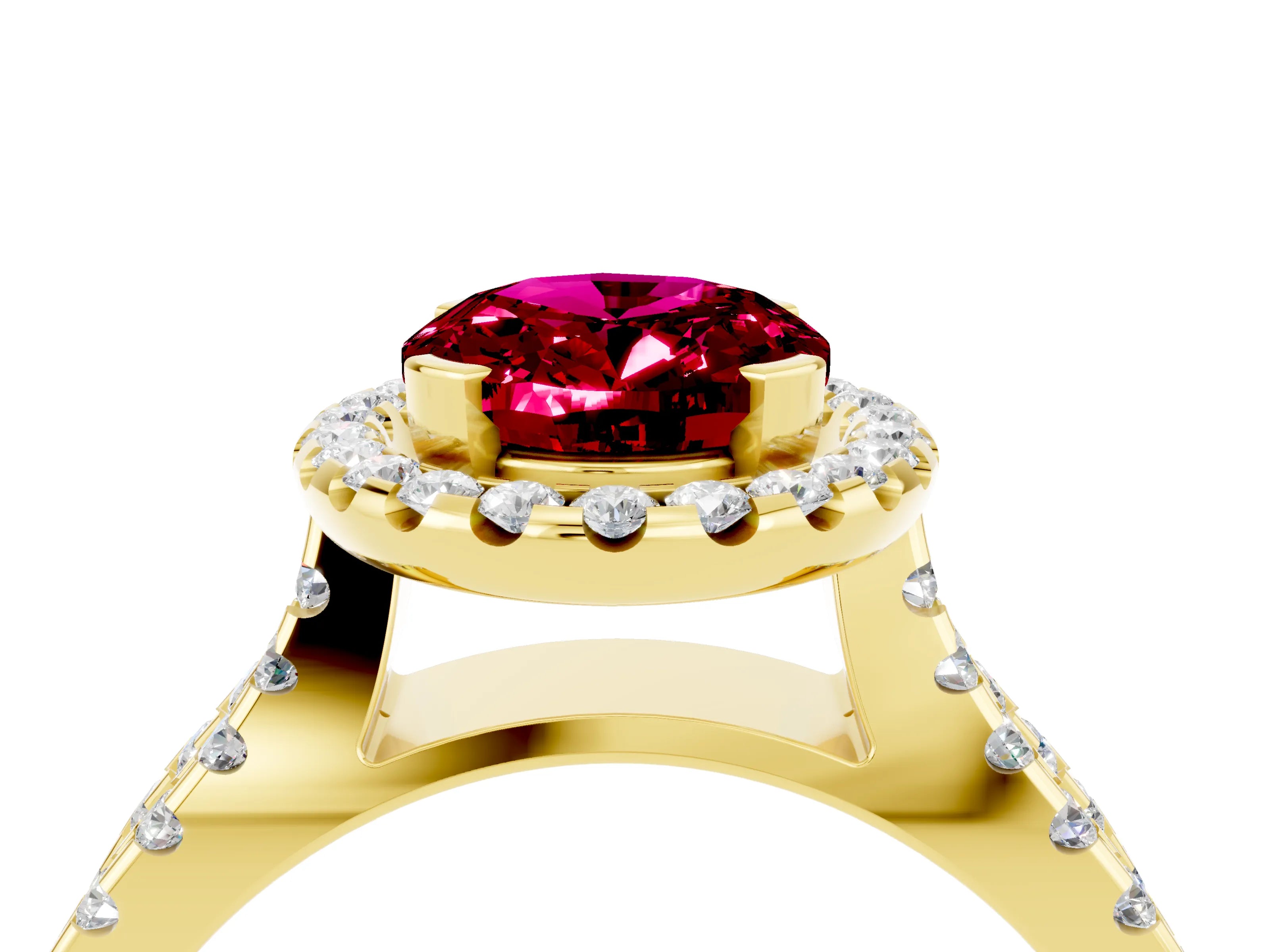 Yellow gold Oval Cut Garnet Halo Ring with Split Shank Pavé Band and Prong Setting_4
