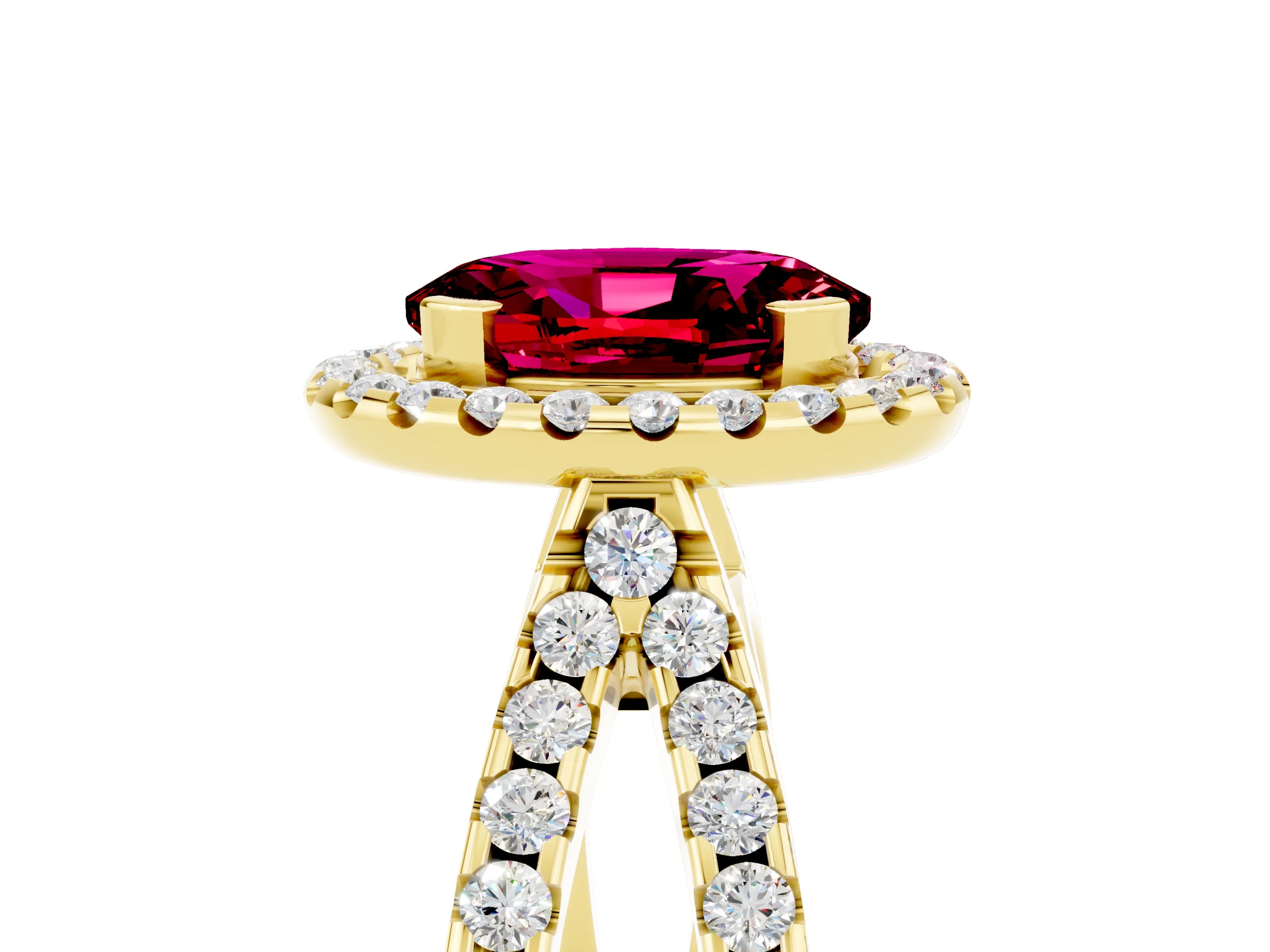 Yellow gold Oval Cut Garnet Halo Ring with Split Shank Pavé Band and Prong Setting_5