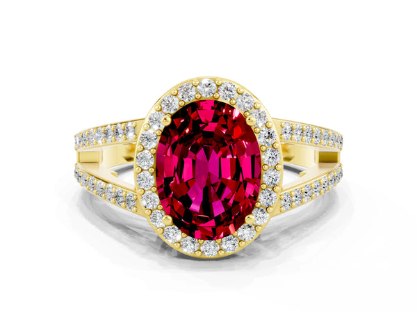 Yellow gold Oval Cut Garnet Halo Ring with Split Shank U-Prong Band and Four-Prong Setting