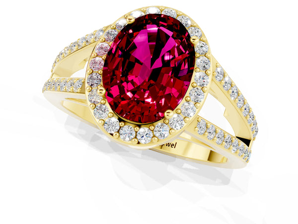 Yellow gold Oval Cut Garnet Halo Ring with Split Shank U-Prong Band and Four-Prong Setting