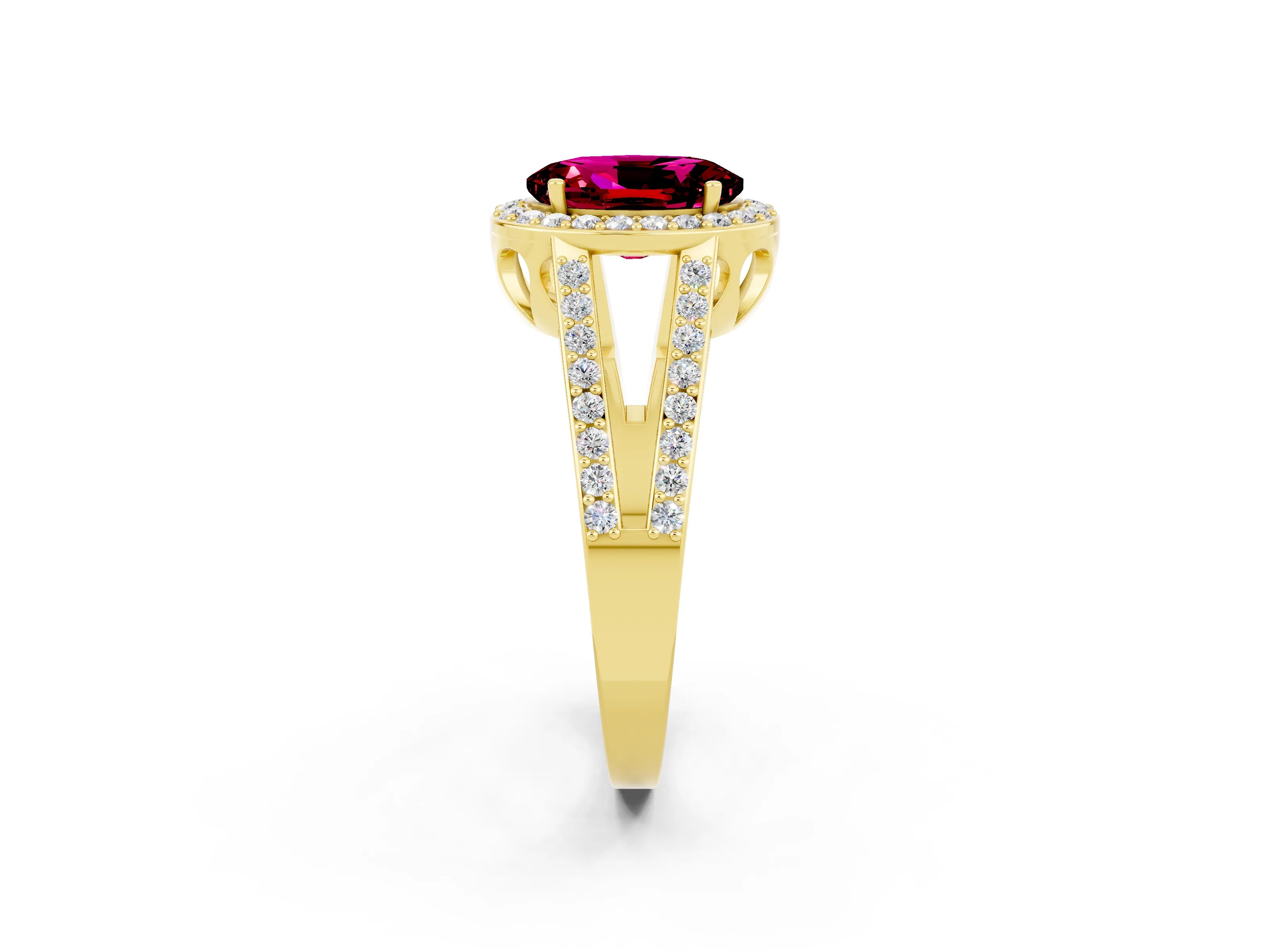 Yellow gold Oval Cut Garnet Halo Ring with Split Shank U-Prong Band and Four-Prong Setting_2
