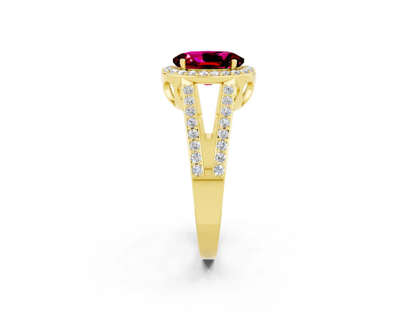 Yellow gold Oval Cut Garnet Halo Ring with Split Shank U-Prong Band and Four-Prong Setting