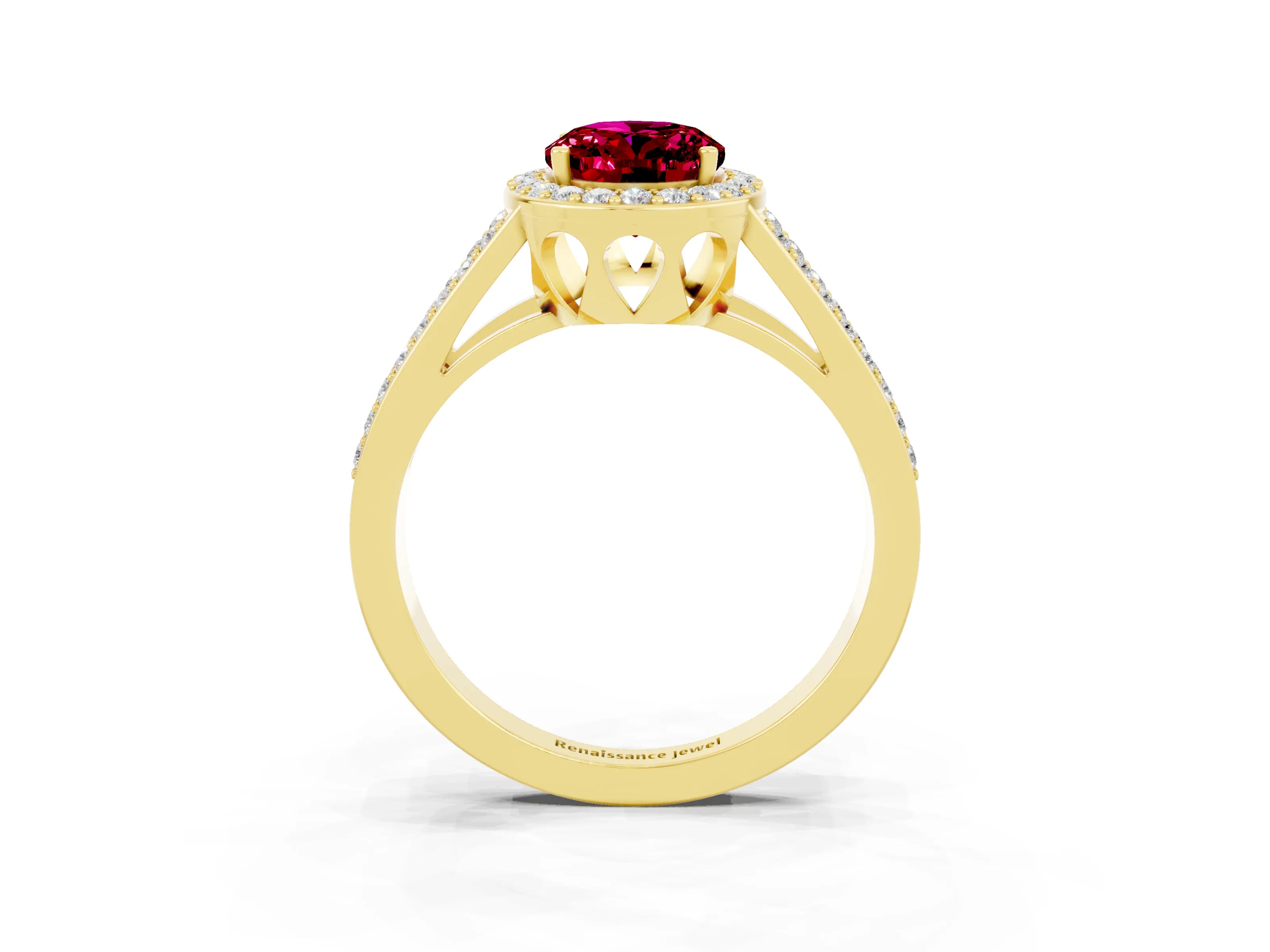 Yellow gold Oval Cut Garnet Halo Ring with Split Shank U-Prong Band and Four-Prong Setting_3
