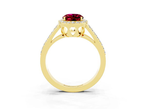 Yellow gold Oval Cut Garnet Halo Ring with Split Shank U-Prong Band and Four-Prong Setting