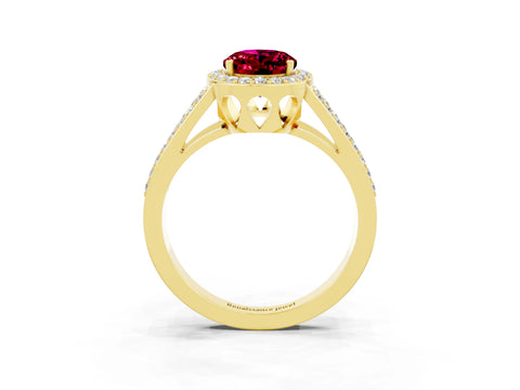 Yellow gold Oval Cut Garnet Halo Ring with Split Shank U-Prong Band and Four-Prong Setting_3