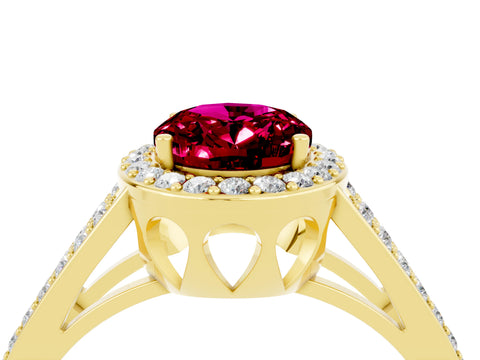 Yellow gold Oval Cut Garnet Halo Ring with Split Shank U-Prong Band and Four-Prong Setting_4