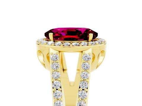 Yellow gold Oval Cut Garnet Halo Ring with Split Shank U-Prong Band and Four-Prong Setting_5