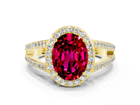 Yellow gold Oval Cut Garnet Halo Ring with Split Shank U-Prong Band and Four-Prong Setting