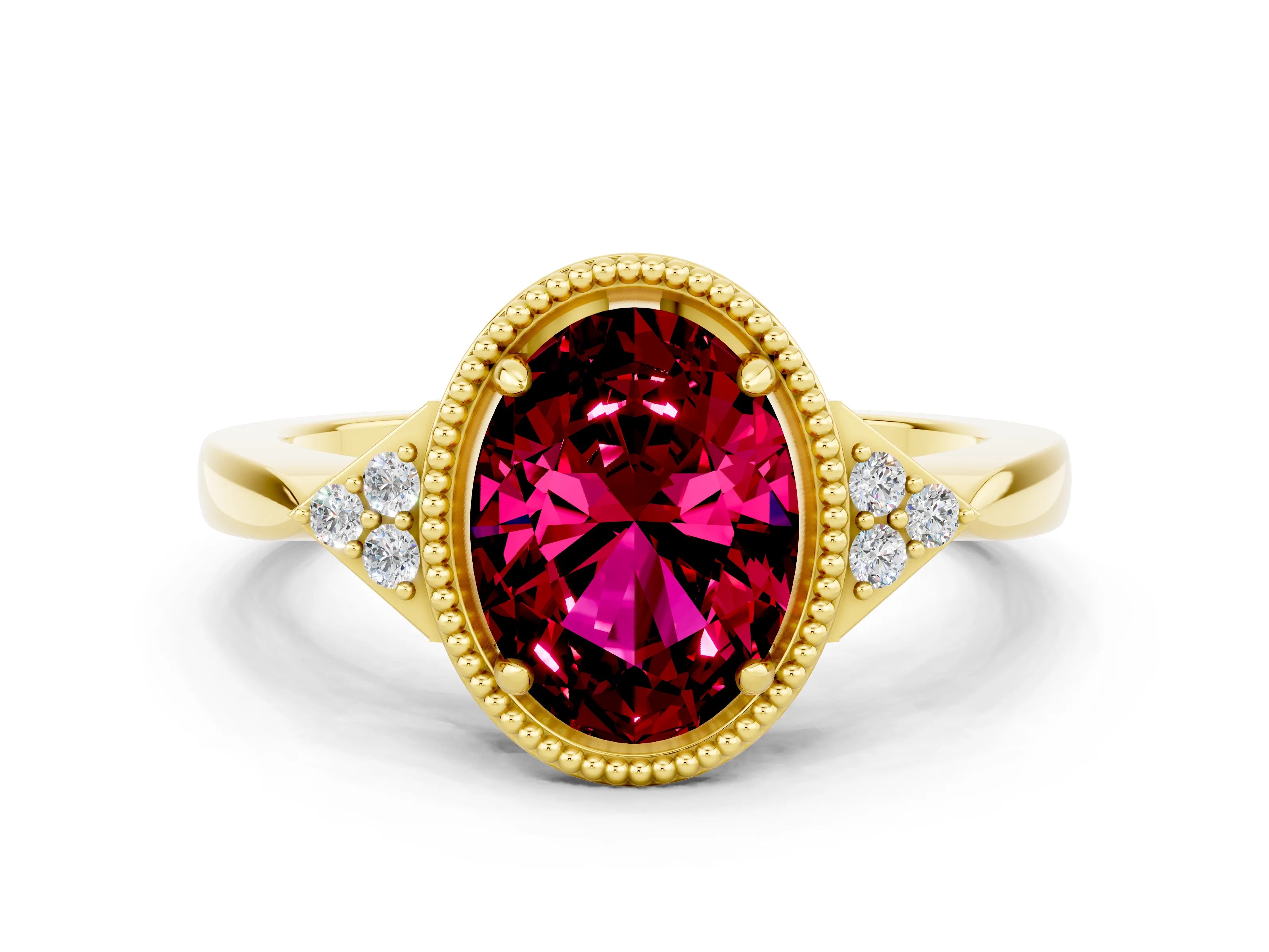 Yellow gold Oval Cut Garnet Halo Ring with Tapered Band and Four-Prong Setting
