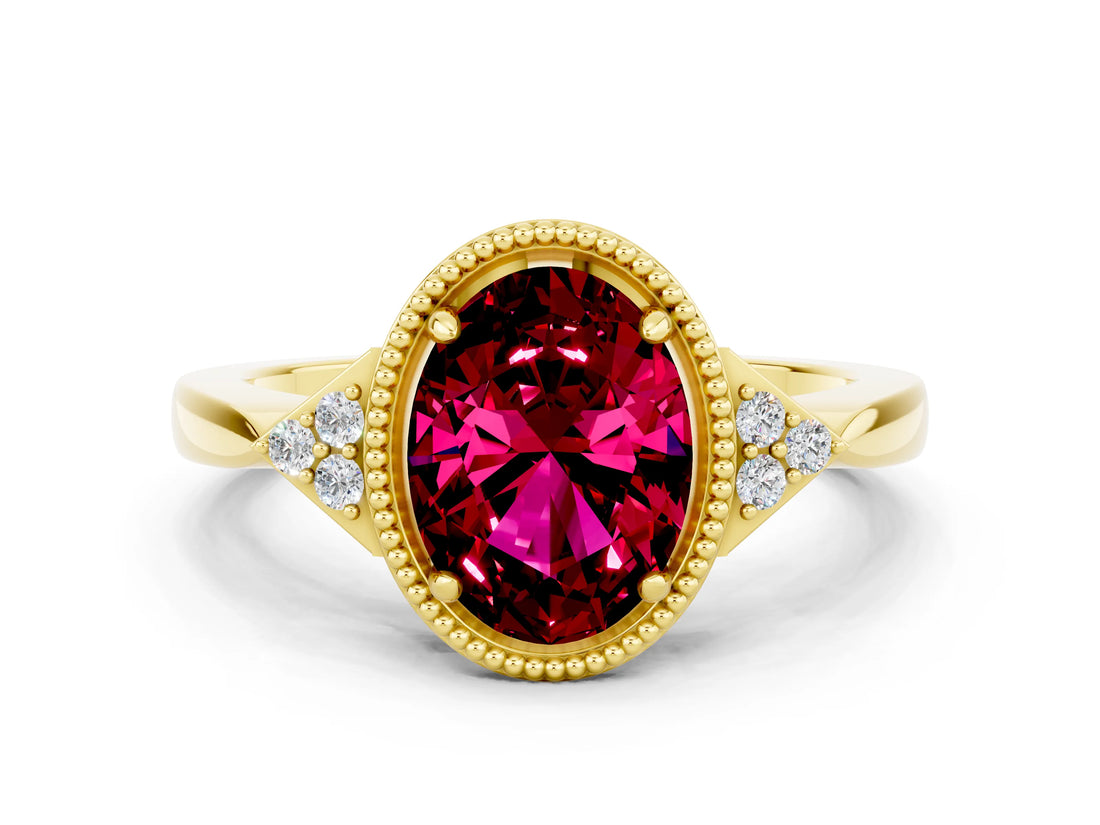 Yellow gold Oval Cut Garnet Halo Ring with Tapered Band and Four-Prong Setting