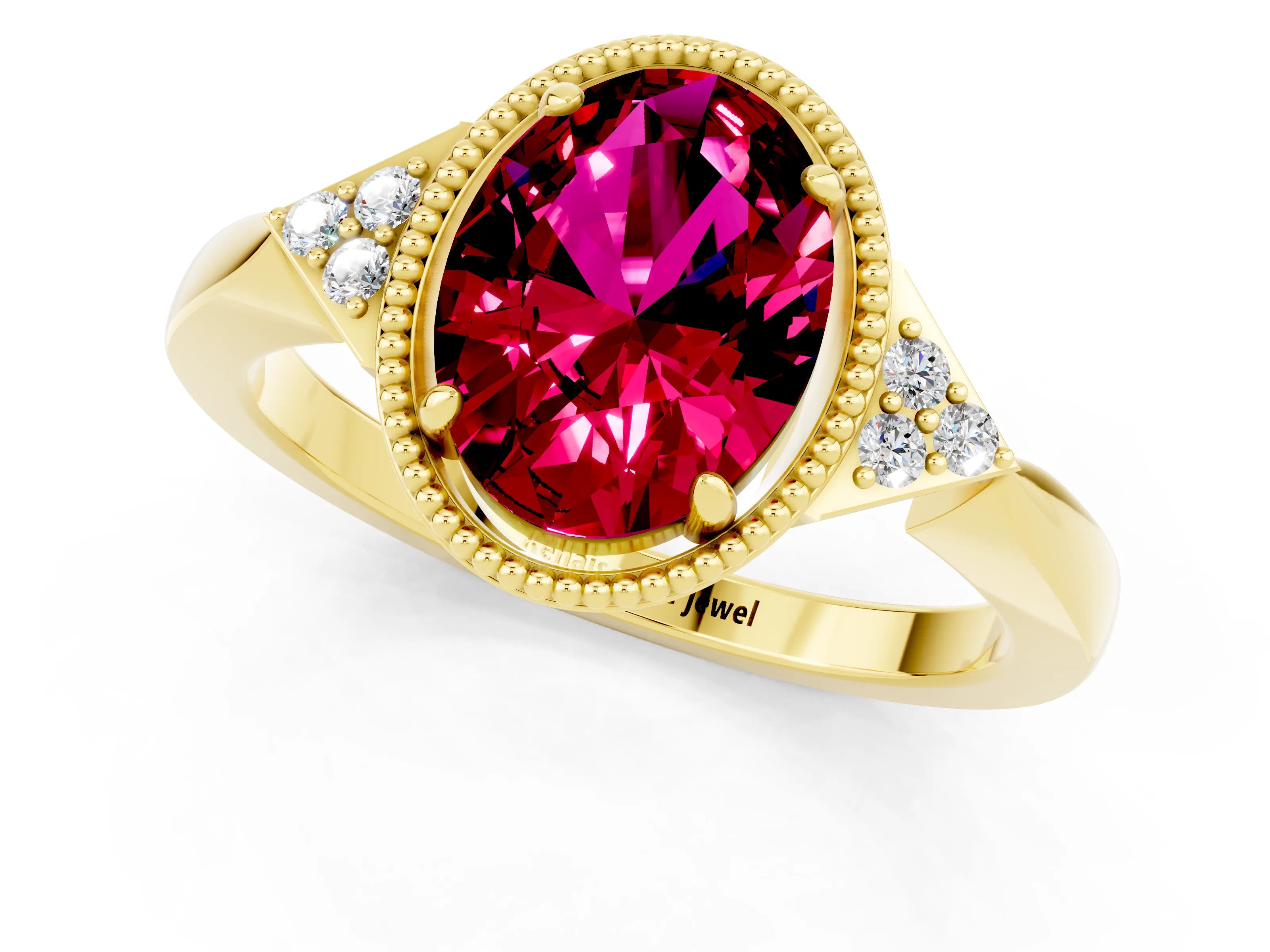 Yellow gold Oval Cut Garnet Halo Ring with Tapered Band and Four-Prong Setting_1
