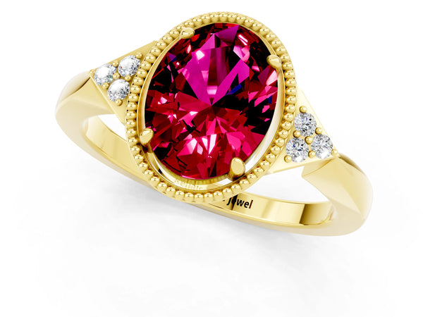 Yellow gold Oval Cut Garnet Halo Ring with Tapered Band and Four-Prong Setting