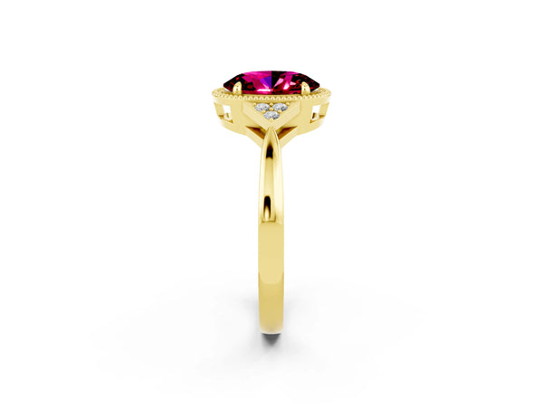 Yellow gold Oval Cut Garnet Halo Ring with Tapered Band and Four-Prong Setting