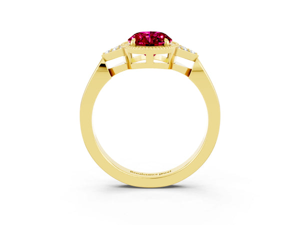 Yellow gold Oval Cut Garnet Halo Ring with Tapered Band and Four-Prong Setting