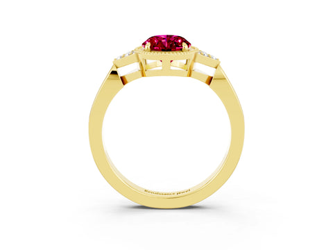 Yellow gold Oval Cut Garnet Halo Ring with Tapered Band and Four-Prong Setting_3