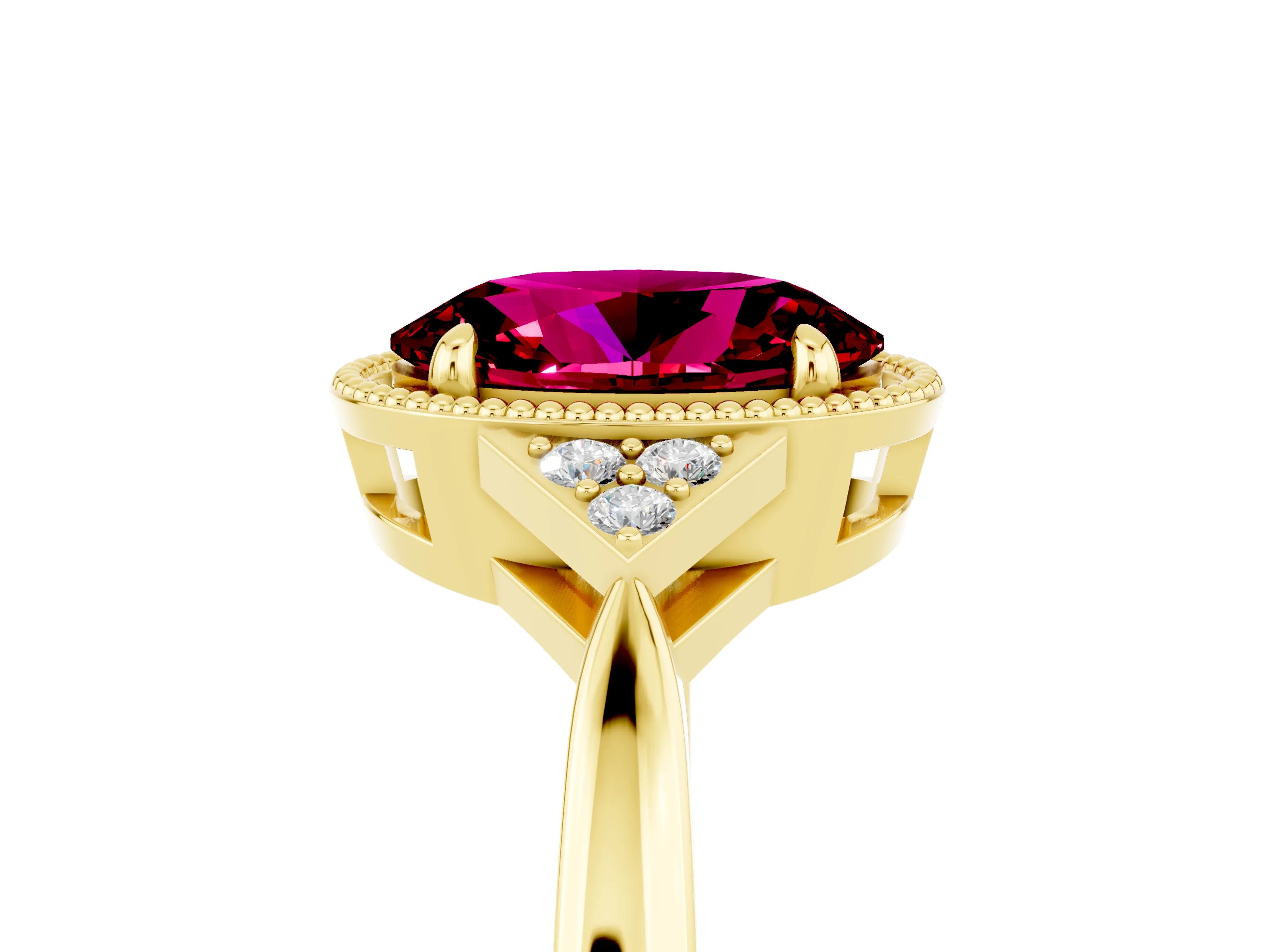 Yellow gold Oval Cut Garnet Halo Ring with Tapered Band and Four-Prong Setting_5
