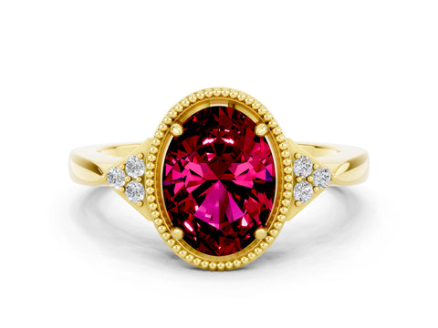Yellow gold Oval Cut Garnet Halo Ring with Tapered Band and Four-Prong Setting