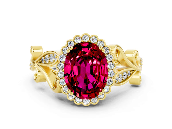 Yellow gold Oval Cut Garnet Halo Ring with Vintage Split Shank and Four-Prong Setting
