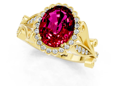 Yellow gold Oval Cut Garnet Halo Ring with Vintage Split Shank and Four-Prong Setting_1