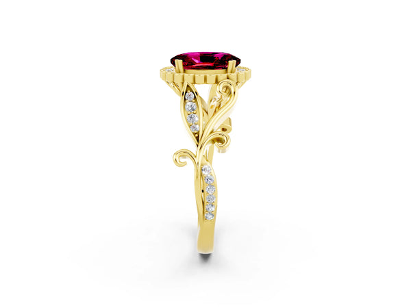 Yellow gold Oval Cut Garnet Halo Ring with Vintage Split Shank and Four-Prong Setting
