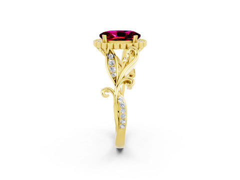 Yellow gold Oval Cut Garnet Halo Ring with Vintage Split Shank and Four-Prong Setting_2