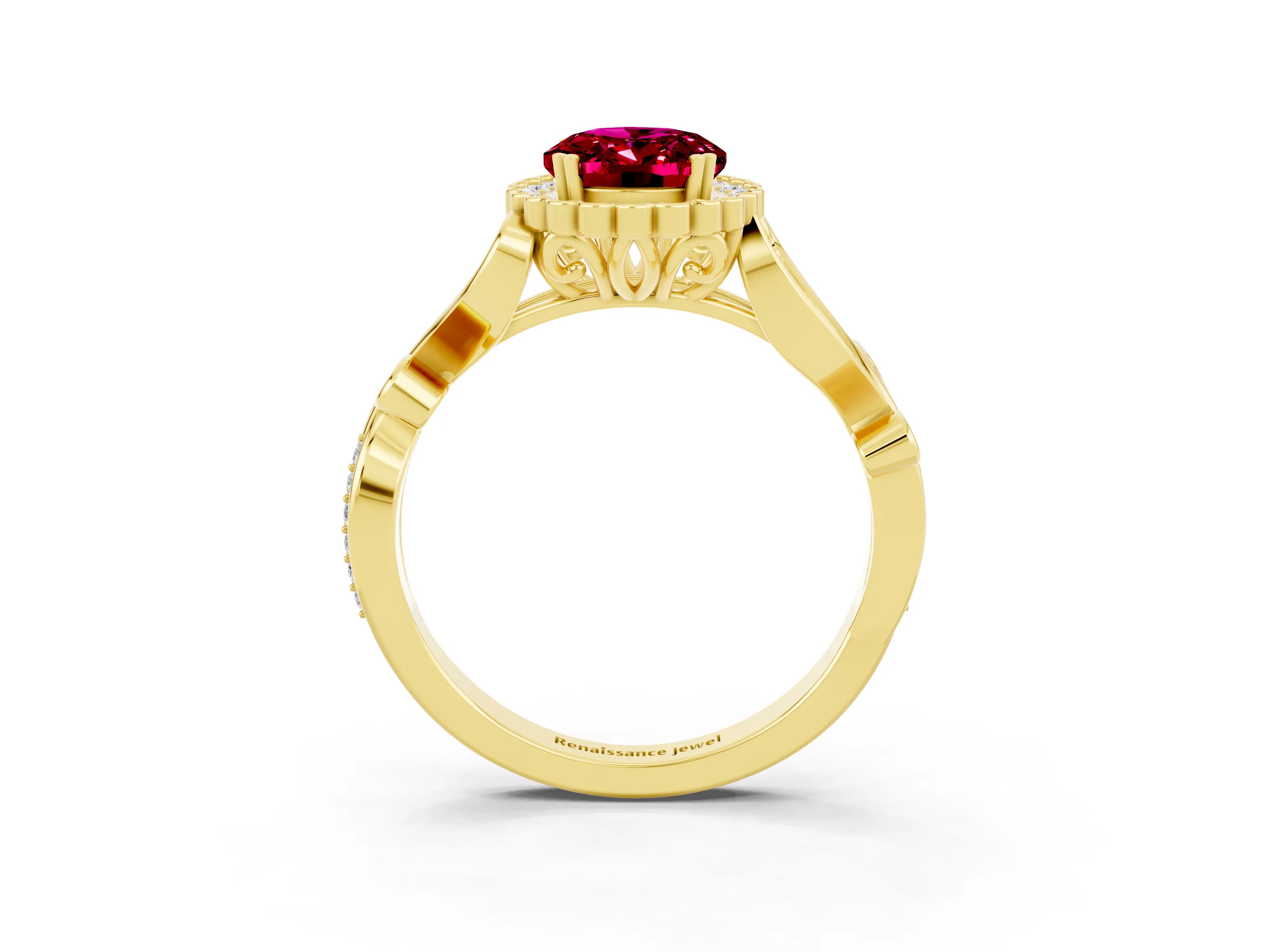 Yellow gold Oval Cut Garnet Halo Ring with Vintage Split Shank and Four-Prong Setting_3