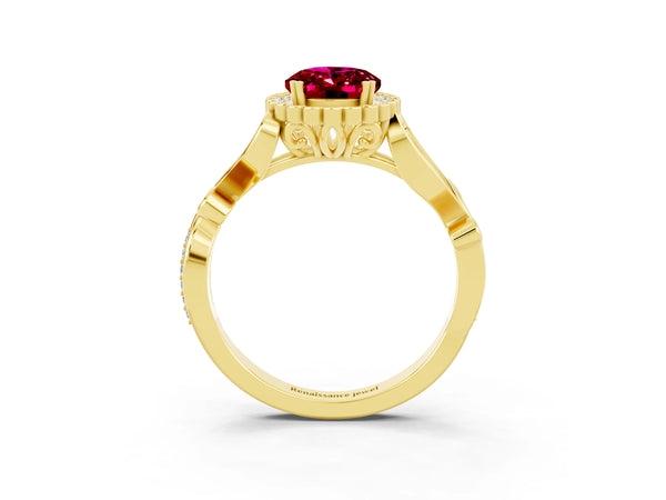 Yellow gold Oval Cut Garnet Halo Ring with Vintage Split Shank and Four-Prong Setting
