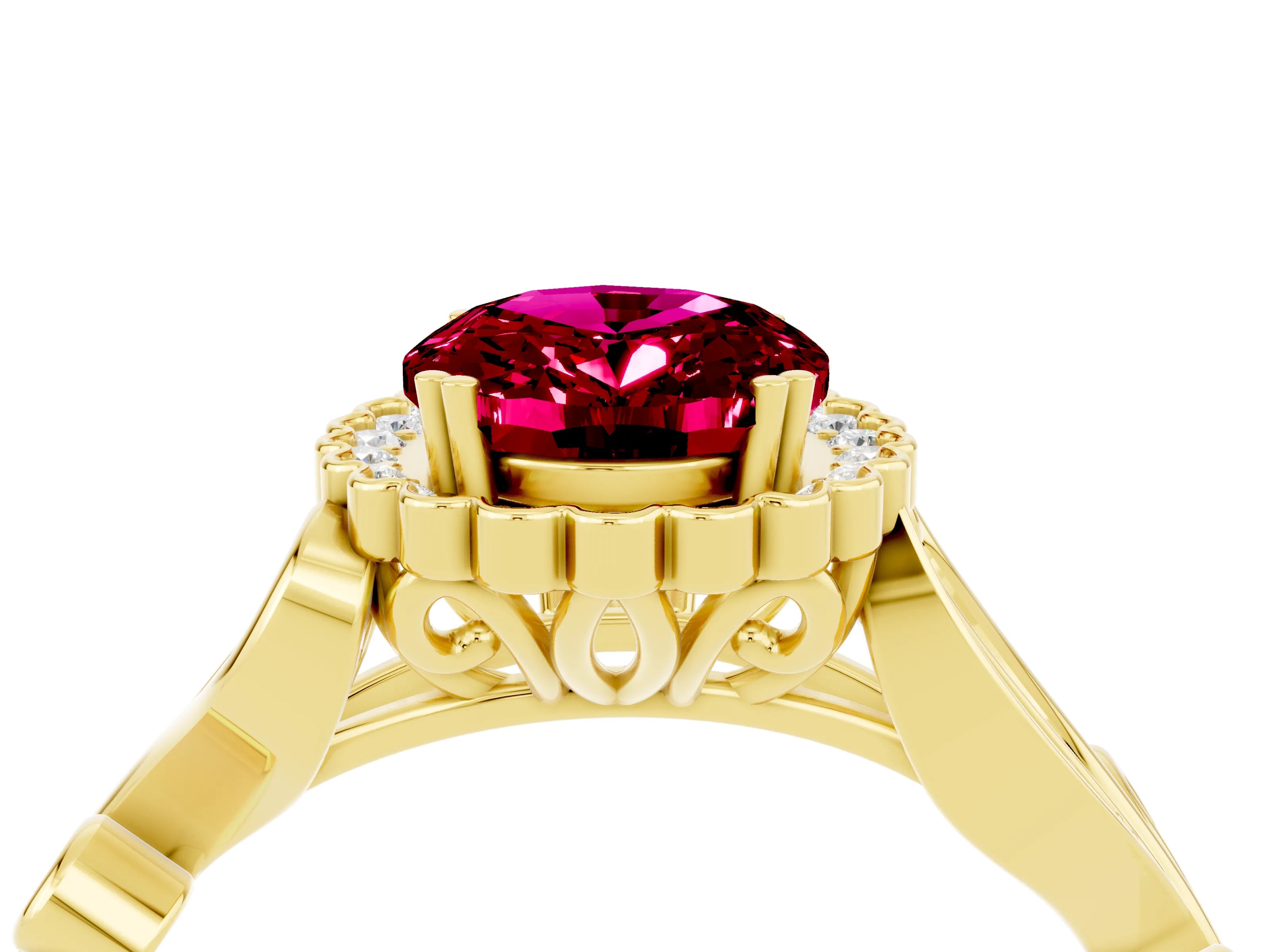 Yellow gold Oval Cut Garnet Halo Ring with Vintage Split Shank and Four-Prong Setting_4