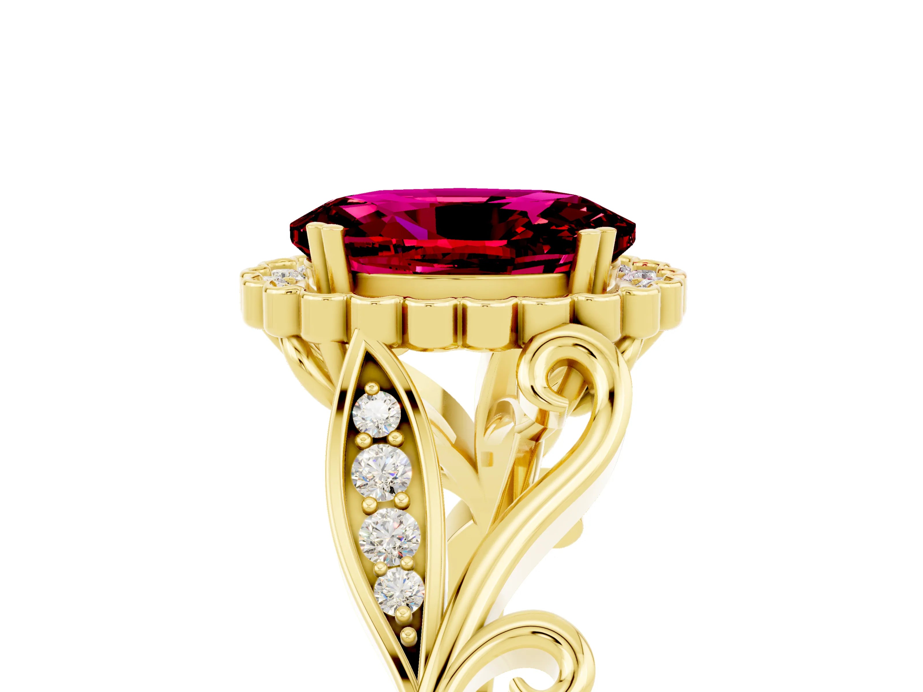Yellow gold Oval Cut Garnet Halo Ring with Vintage Split Shank and Four-Prong Setting_5