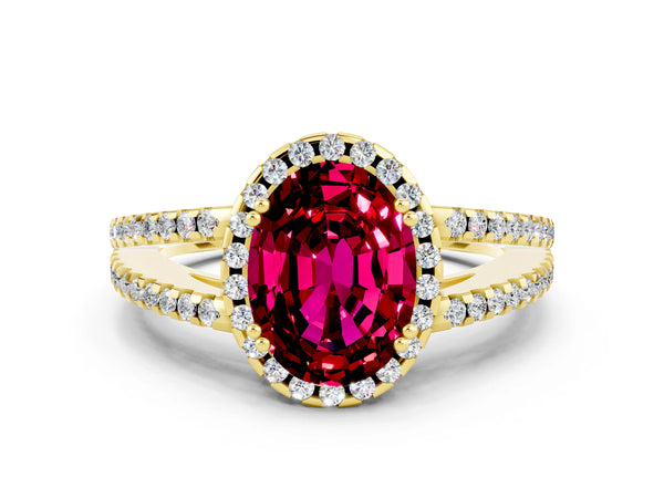 Yellow gold Oval Cut Garnet Halo Split Shank Engagement Ring