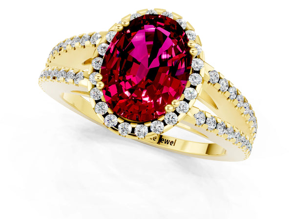 Yellow gold Oval Cut Garnet Halo Split Shank Engagement Ring