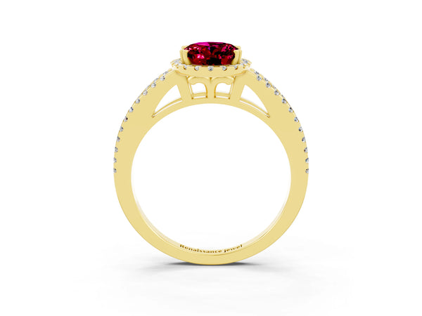 Yellow gold Oval Cut Garnet Halo Split Shank Engagement Ring