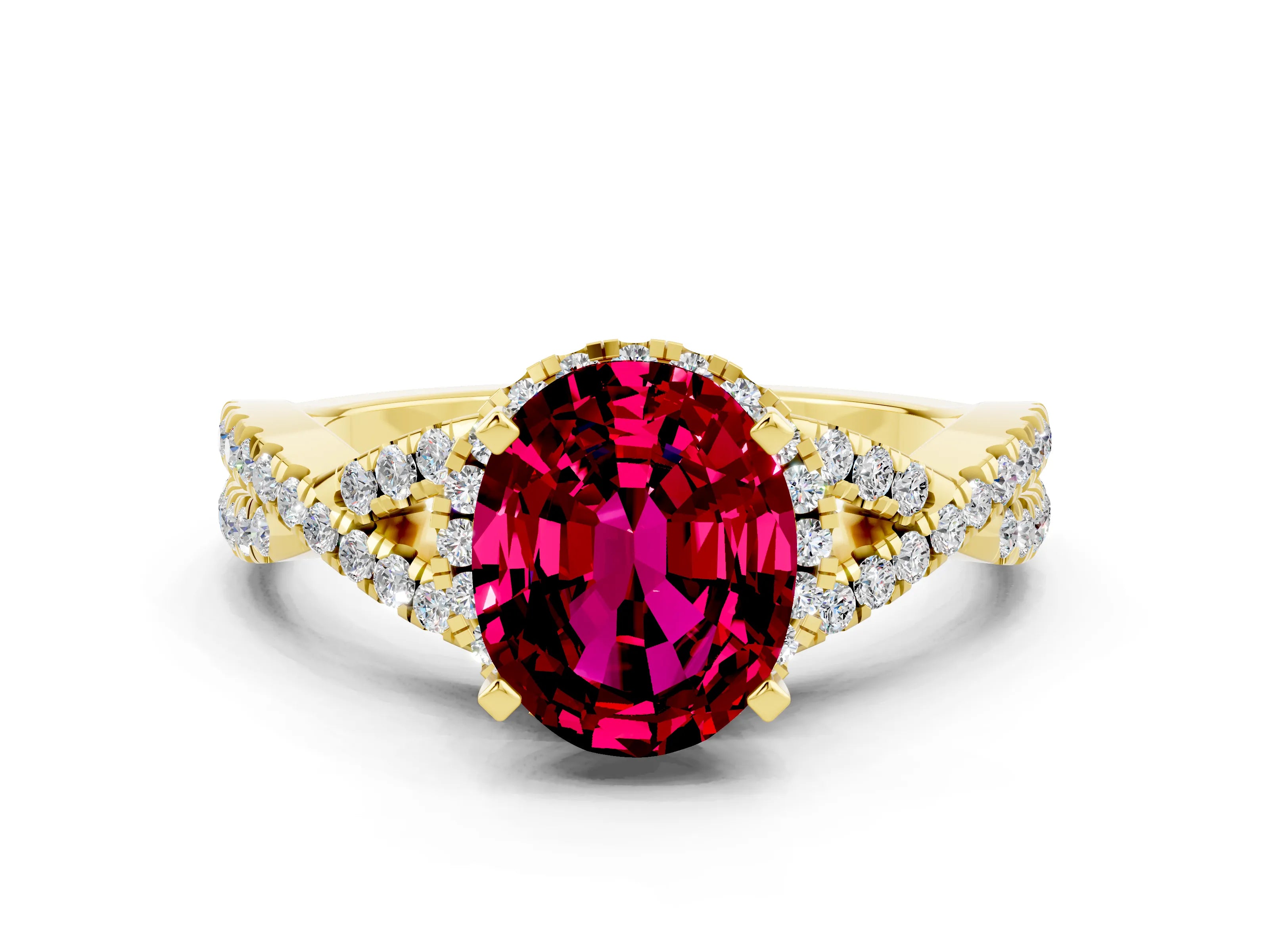 Yellow gold Oval Cut Garnet Halo Twist Band Solitaire Prong Setting Ring