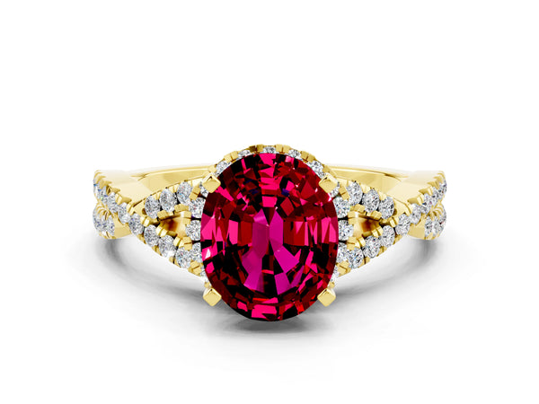 Yellow gold Oval Cut Garnet  Halo Twist Band Solitaire Prong Setting Ring