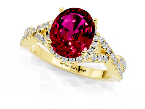 Yellow gold Oval Cut Garnet Halo Twist Band Solitaire Prong Setting Ring_1